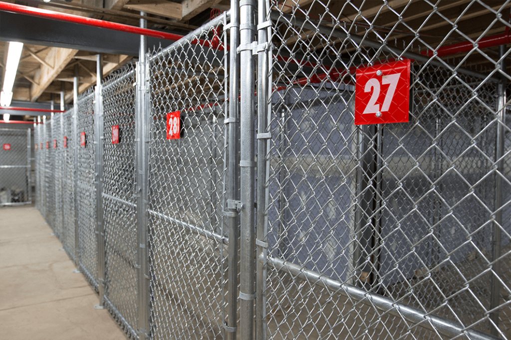 Row of numbered wire-mesh tenant storage cages with red unit tags lining a clean basement corridor with exposed beams overhead.